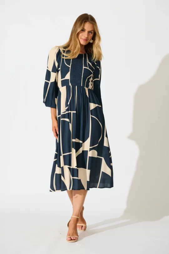 Calissa Midi Dress in Navy Linen Blend