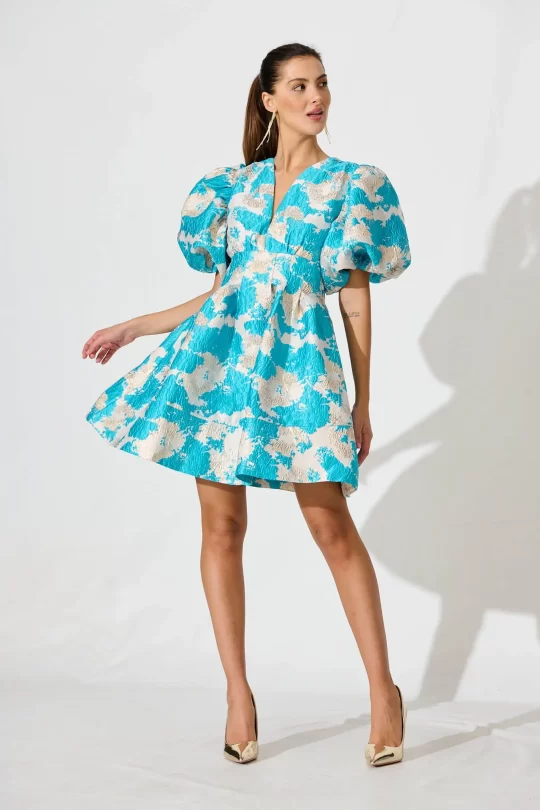 Paris Dream Dress – Gold Aqua Jacquard